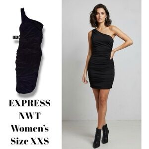 EXPRESS NWT Dress Black One Shoulder Sleeveless Ruched Formal Mini Sheath XXS